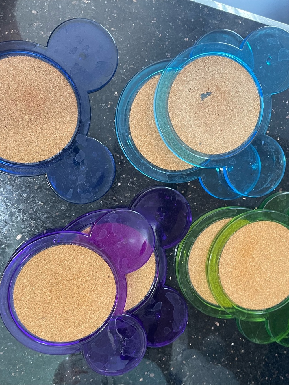 Assorted Colored Cork Drink Coasters - Purple, Blue, Teal, Green